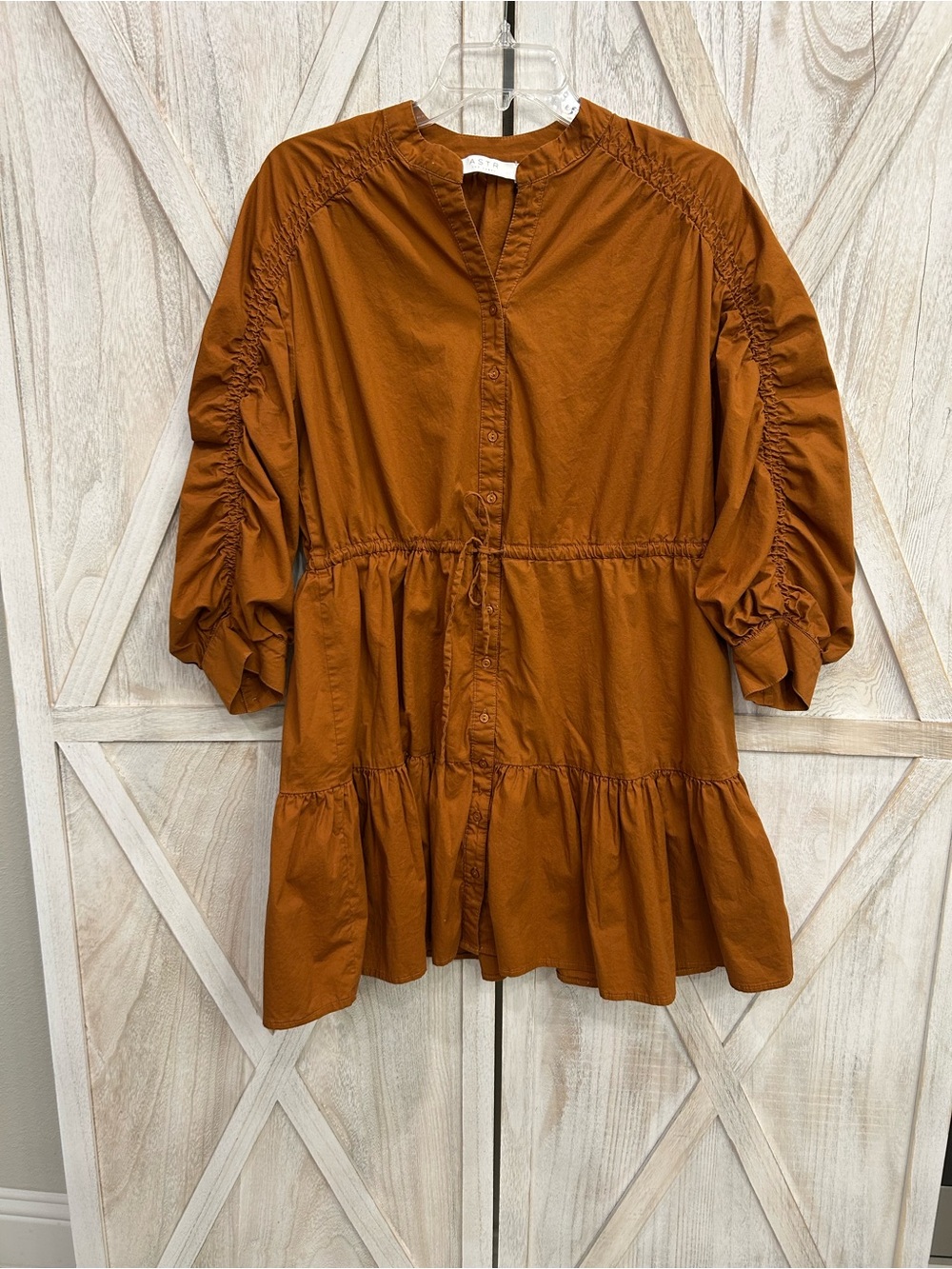 Astr Rust Brown Tiered Button-Front Mini Dress with Tie Waist